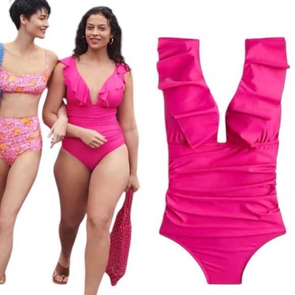J Crew Radiant Fuchsia Ruffle V-Neck Ruched One Piece Swimsuit Sz 20 NWT - Picture 3 of 16